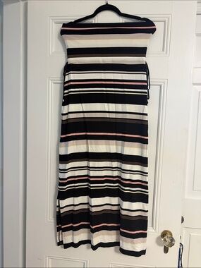 White House Black Market Black, White & Peach Striped Strapless Dress